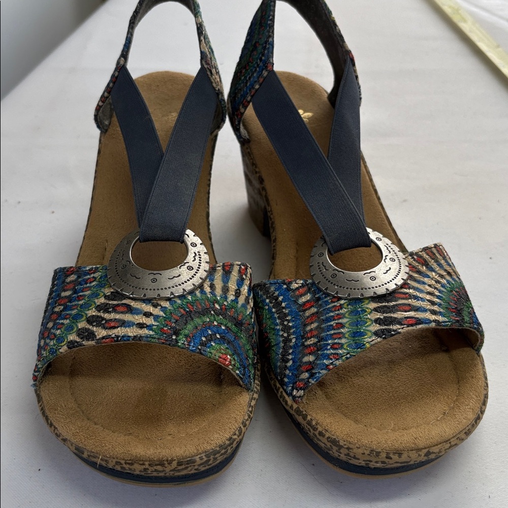 Rieker Textile and Leather Printed Wedge Sandals 41